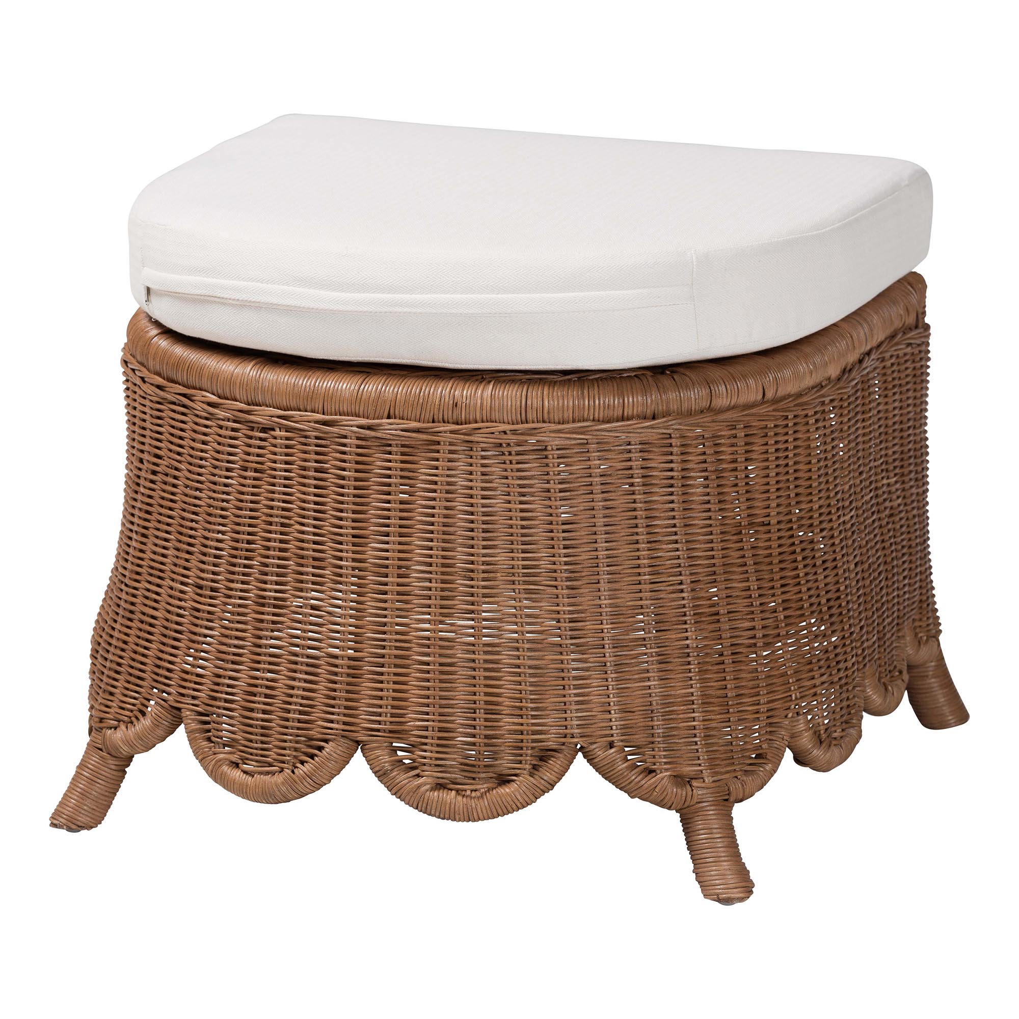 bali & pari Detta Natural Rattan Footstool with Cushion - Handwoven Wicker Ottoman with Scalloped Skirt Base for Coastal Lounge or Sunroom Seating Affordable modern furniture in Chicago, classic living room furniture, modern ottoman, cheap ottoman